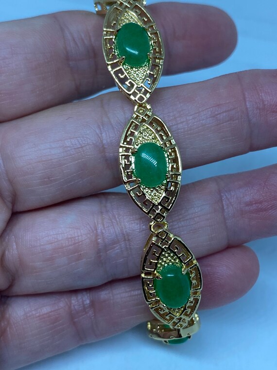 Vintage Green Jade Bracelet Golden White Bronze - image 4