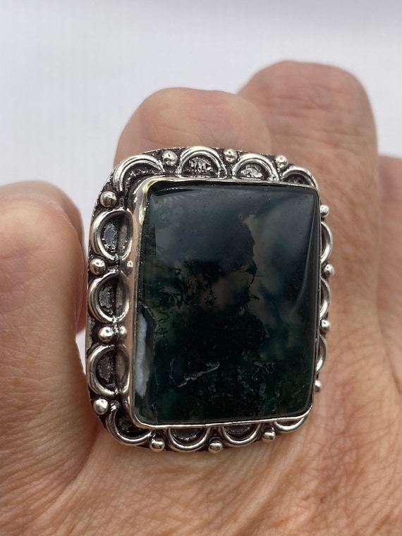 Vintage Green Moss Agate Cocktail Ring - image 2