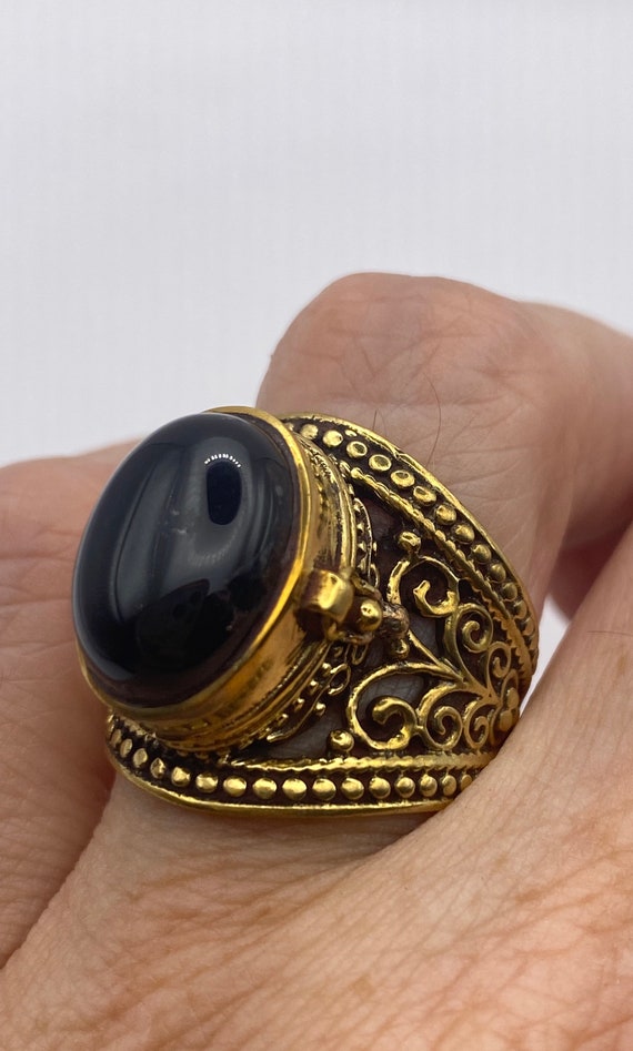 Vintage Black Onyx Brass Poison Pillbox Ring - image 1