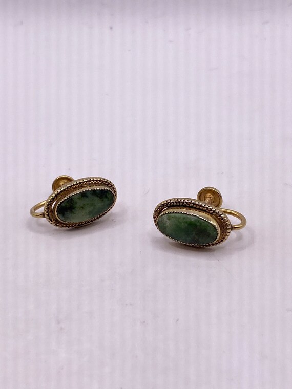 Vintage Genuine Green Jade Gold filled Screw Back… - image 5