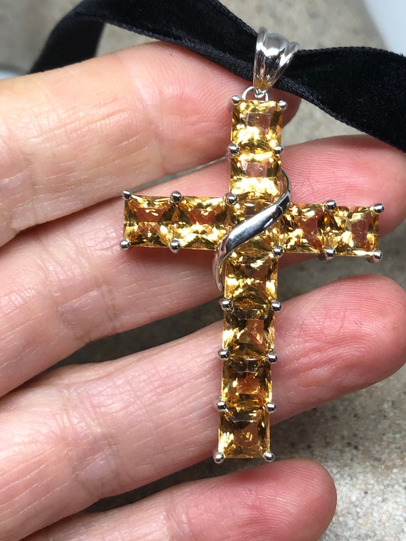 Vintage Gold Citrine Cross 925 Sterling Silver Go… - image 2