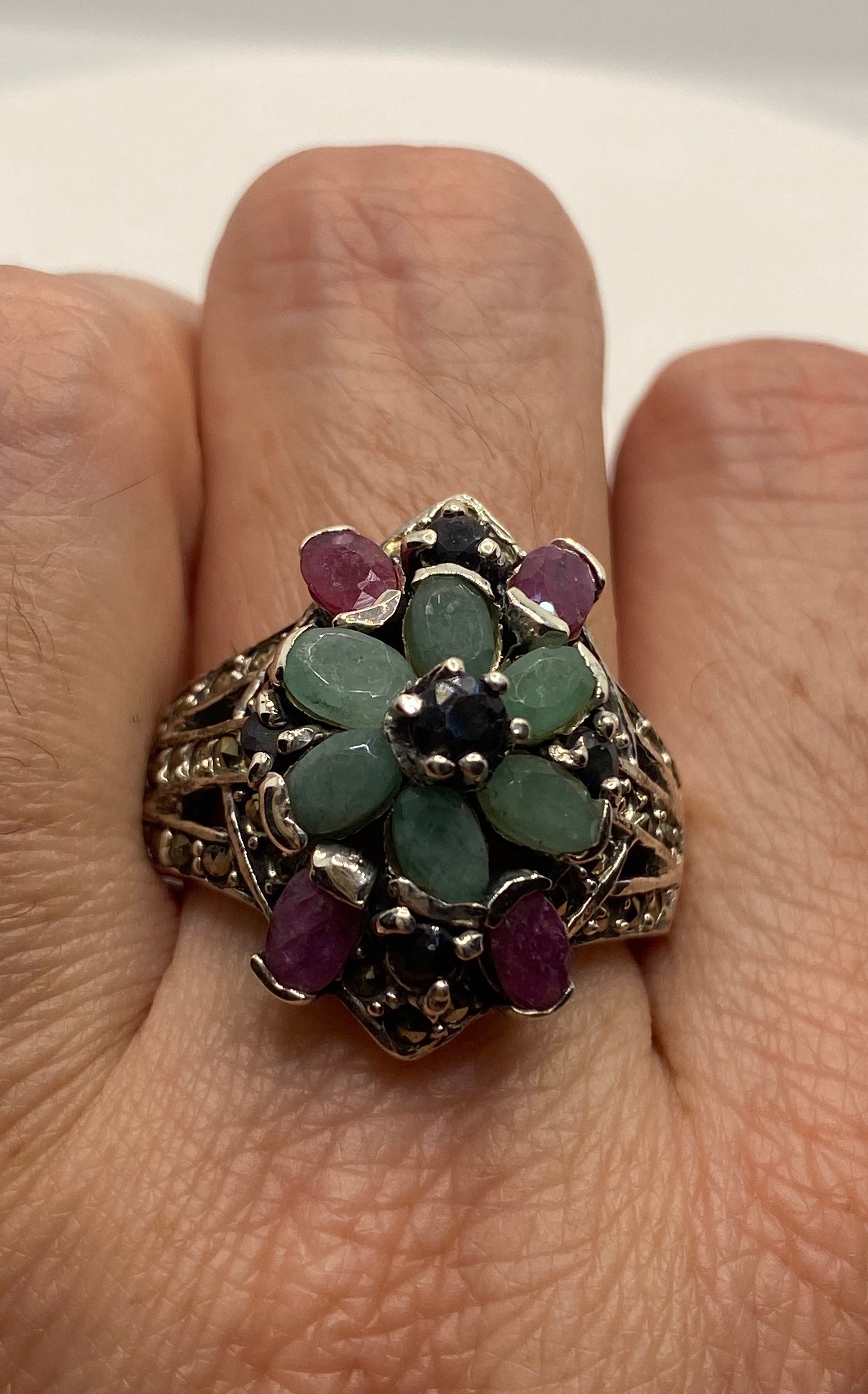 Vintage Emerald, Ruby, Sapphire Marcasite 925 Sterling