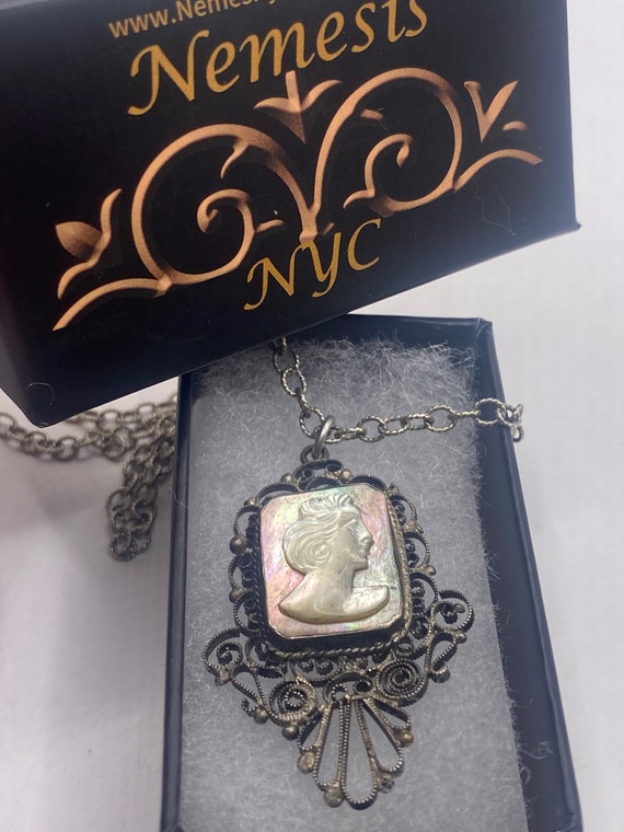 Vintage Mother of Pearl Cameo Sterling Silver Nec… - image 4