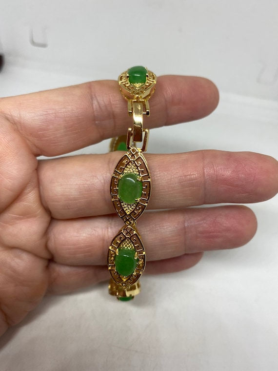 Vintage Green Jade Bracelet Golden White Bronze - image 2