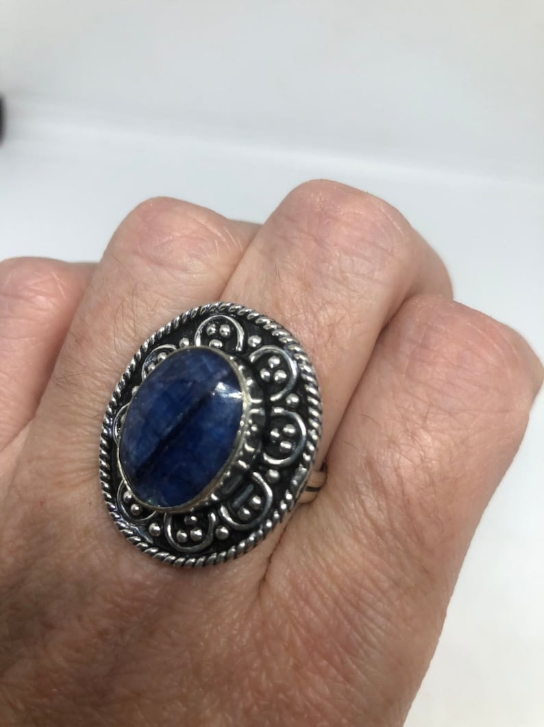 Vintage Handmade deep blue sapphire setting white bronze Silver gothic Ring