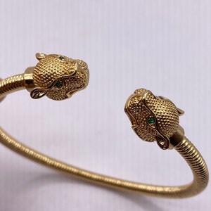 Vintage Cougar Cat Bangle Bracelet Gold filled Green Crystal Eyes