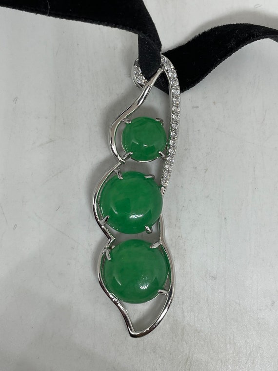Vintage Green Jade Pea pod Choker Silver Finish N… - image 5
