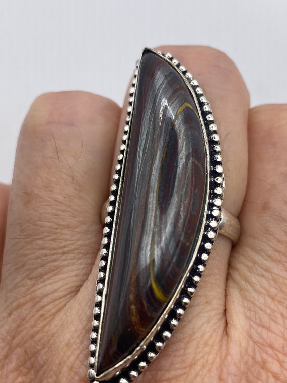 Vintage Large Red Tigers Eye Agate Silver Ring - image 5