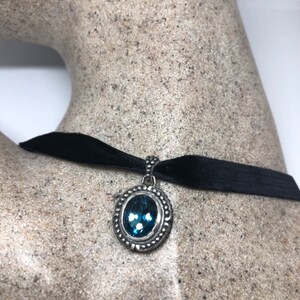 Vintage Blue Topaz 925 Sterling Silver Choker Necklace Pendant