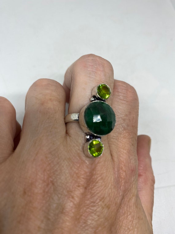Antique Green Emerald Chrysopraise Silver Ring