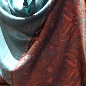 Vintage Teal Blue Paisley Brocade Pashmina Scarf Wrap Shawl