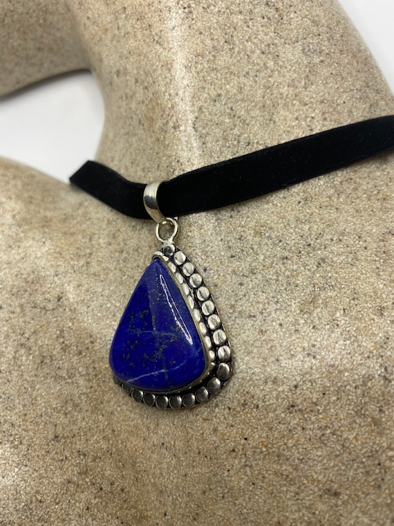 Vintage Blue Lapis Choker Black Velvet Ribbon Nec… - image 2