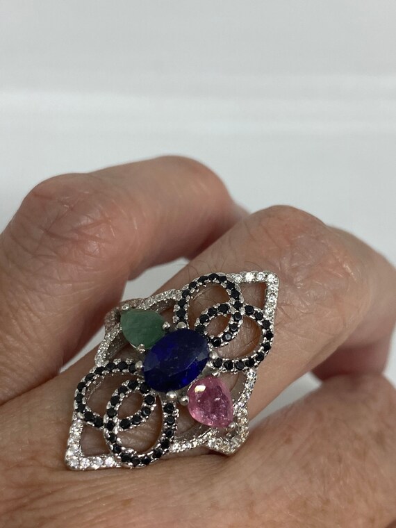 Vintage Green Emerald Ruby and Sapphire 925 Sterl… - image 3