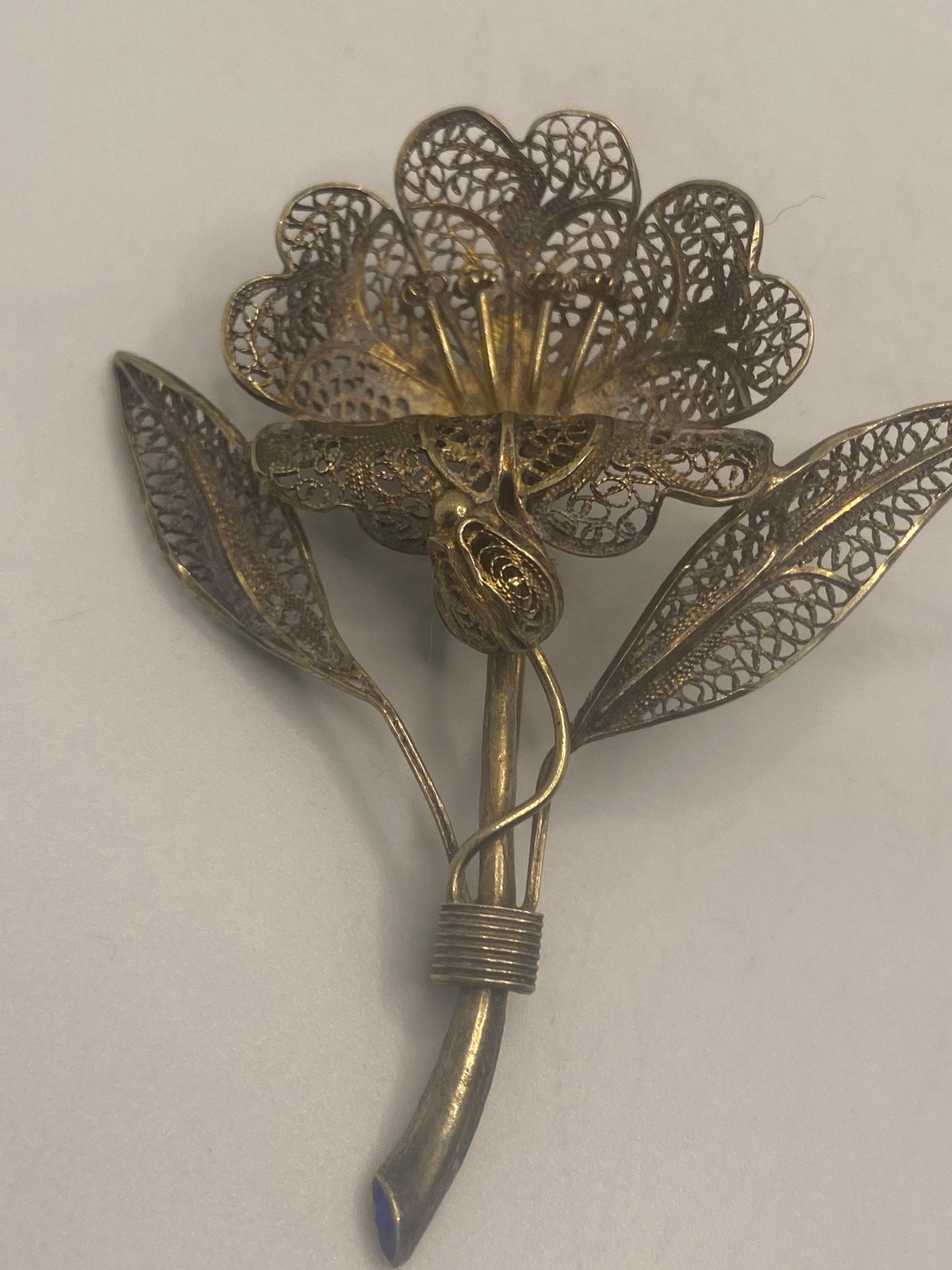 vintage flower HANDMADE STERLING　brooch Vintage Hand Made Deco Flower 925 Sterling Silver Filigree