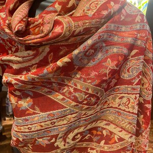 Vintage Red Blue Paisley Brocade Pashmina Scarf Wrap Shawl