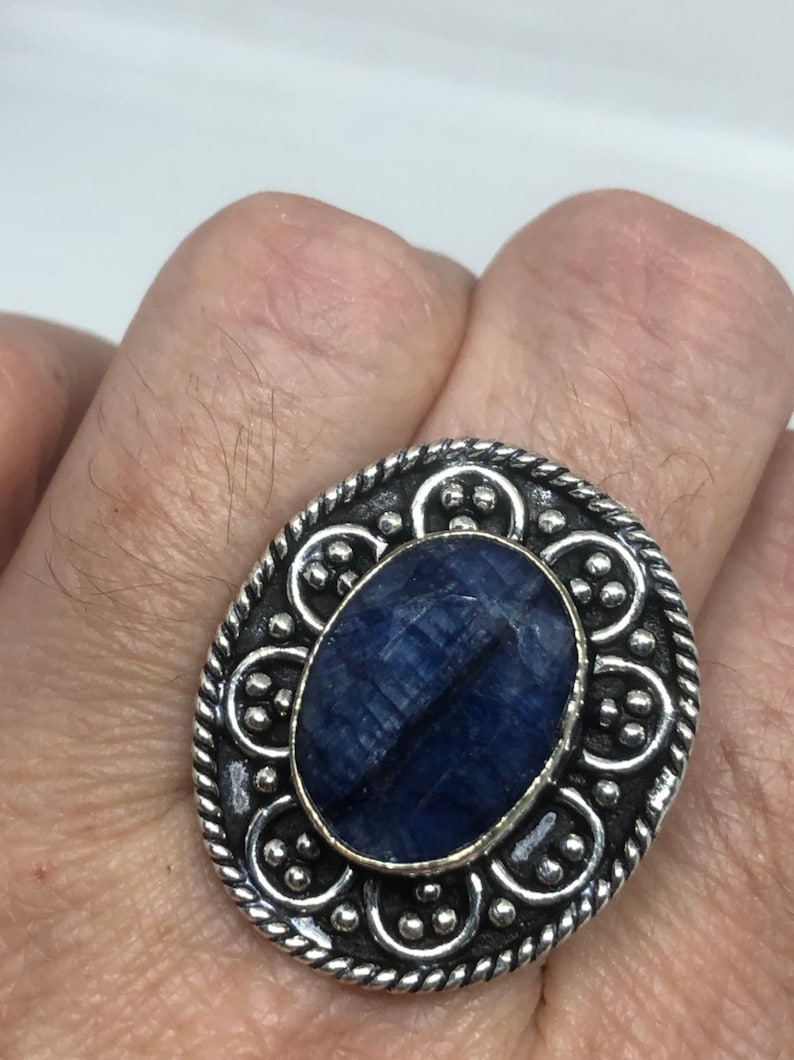 Vintage Handmade deep blue sapphire setting white bronze Silver gothic Ring