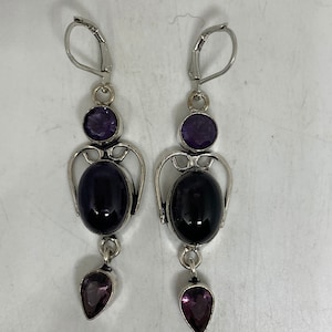 Vintage Black Onyx Earrings 925 Sterling Silver Deco Dangle Chandelier