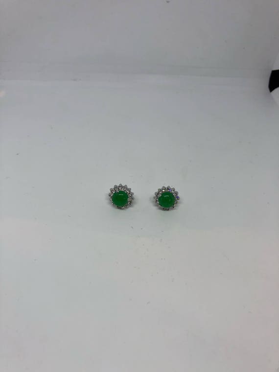 Vintage Green Jade Earrings Stud Button - image 4