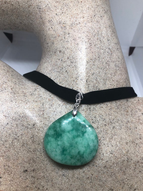 Vintage Green Jade Choker Silver Finish Necklace … - image 2