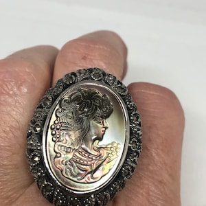 Antique White Mother of Pearl cameo Marcasite Filigree Ring