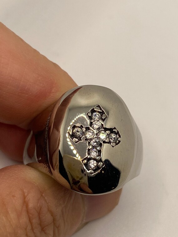 Vintage Gothic Cross Mens Ring Silver Stainless Steel Gem