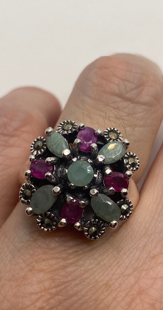 Vintage Green Emerald Ruby Marcasite 925 Sterling 