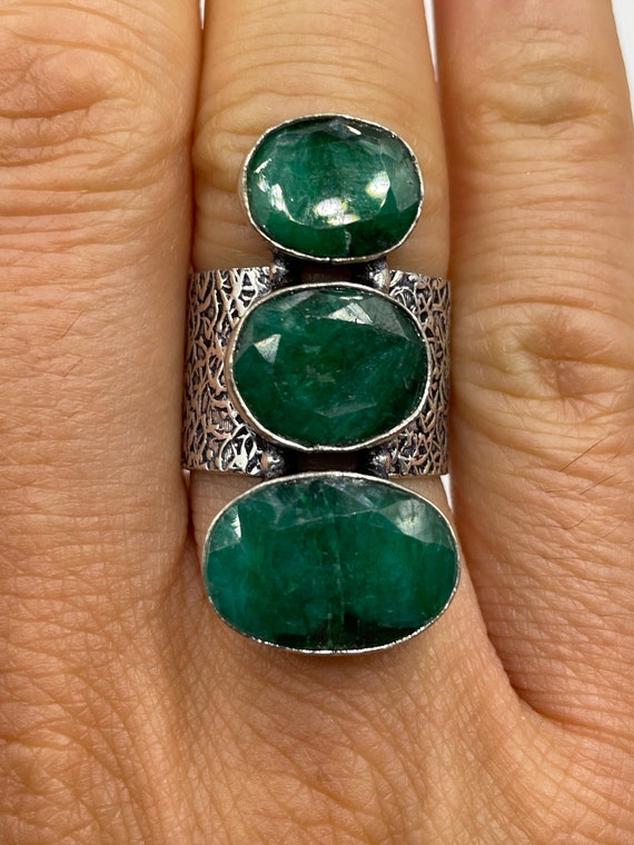 Vintage Green Raw Emerald Silver Bronze Statement… - image 1