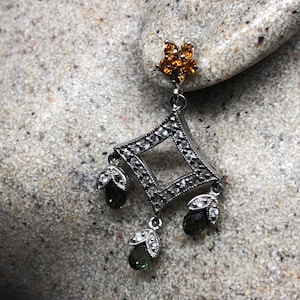 Vintage Genuine Green Amethyst and Citrine 925 Sterling Silver Chandelier Dangle Earrings