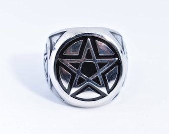 Vintage Gothic Silver Stainless Steel Pentacle Star Mens Ring