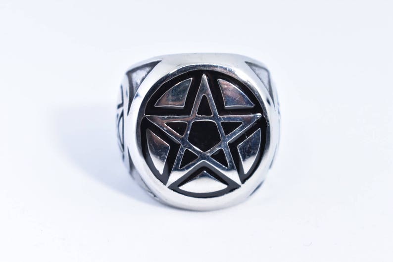 Vintage Gothic Silver Stainless Steel Pentacle Star Mens Ring image 1