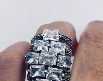 Vintage Genuine Swiss Marcasite Crystal Setting 925 Sterling Silver Cocktail Ring Size 7.5