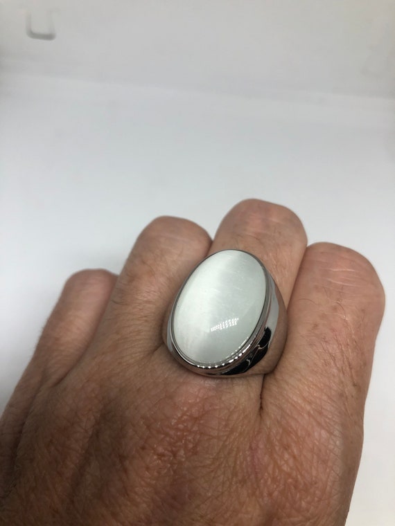 Vintage White Cats Eye Glass Mens Ring Stainless … - image 9