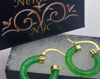 Vintage Fun Green Jade Hoop Earrings in Bronze
