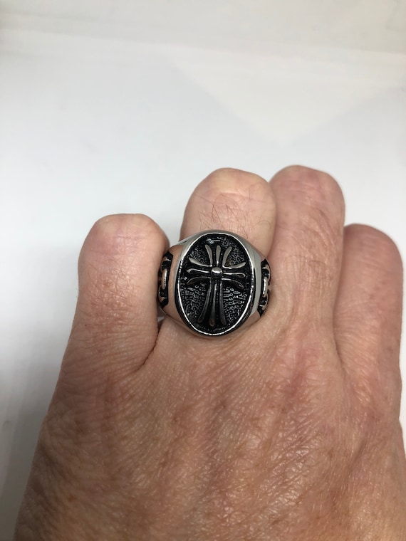 Vintage Gothic Cross Mens Ring Silver Stainless Steel Gem
