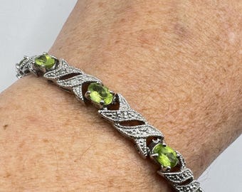 Vintage Green Peridot Diamond Chip Bracelet 925 Sterling Silver