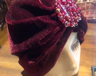 Vintage Burgundy Stretch Velvet Deco Turban Hat