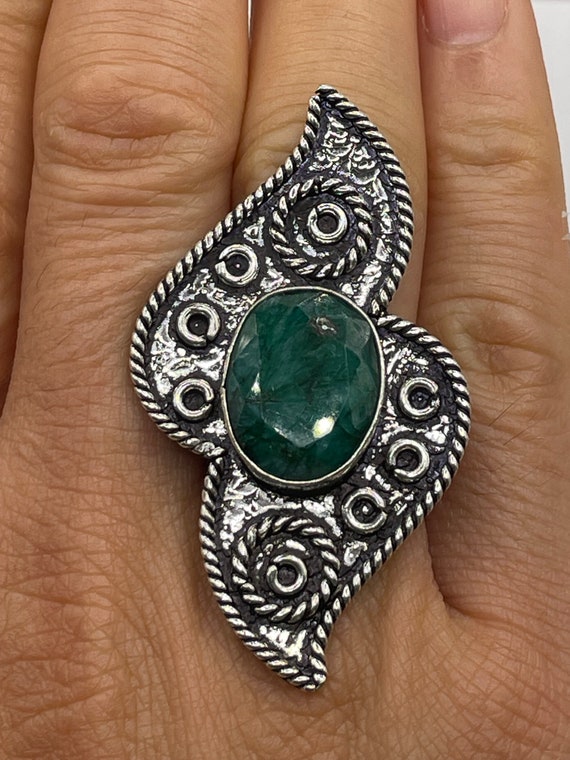Vintage Green Raw Emerald Silver Bronze Statement… - image 1