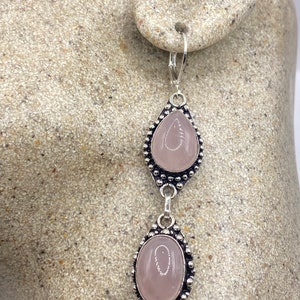 Antique Vintage Pink Rose Quartz Glass Silver Dangle Earrings