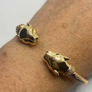 Vintage Cougar Cat Bangle Bracelet Gold filled Green Crystal Eyes