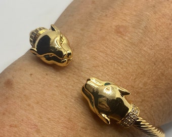 Vintage Cougar Cat Bangle Bracelet Gold filled Green Crystal Eyes