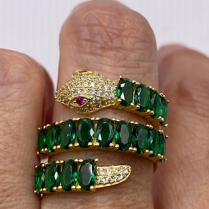 Vintage Gold Sterling Silver Adjustable Green Crystal Snake Ring