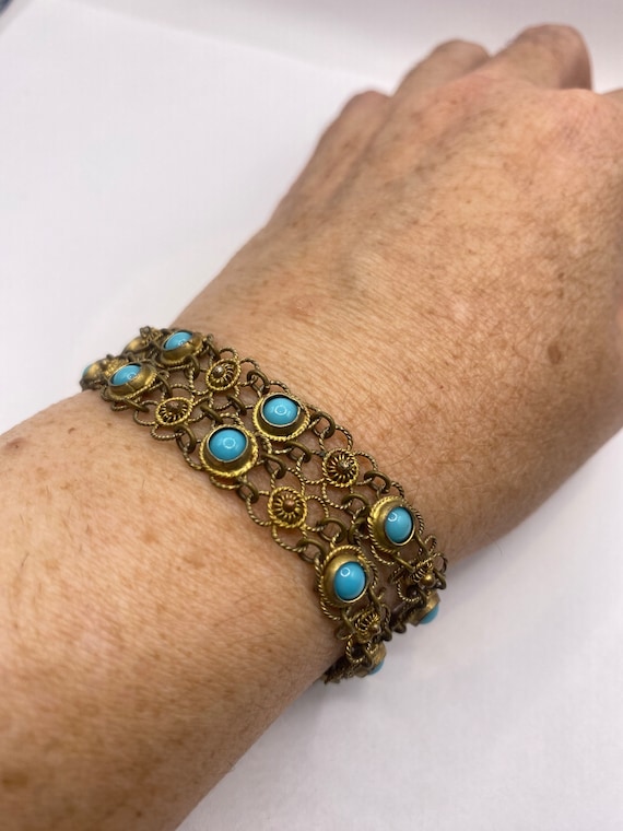 Vintage Turquoise Bracelet Gold Filigree 925 Ster… - image 7