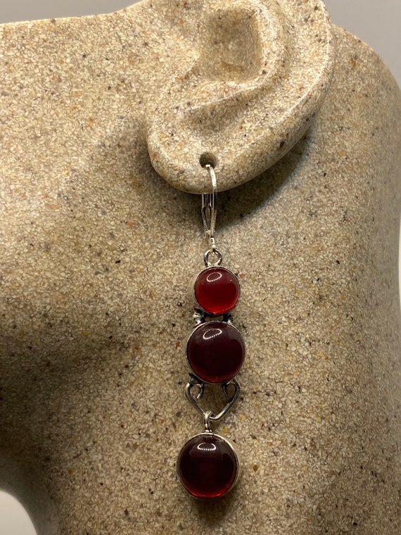 Antique Vintage Red Ruby Glass Silver Dangle Earr… - image 6