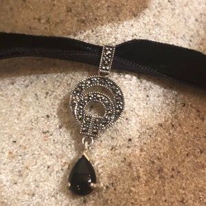Vintage Marcasite Choker 925 Sterling Silver Black Onyx Pendant Necklace