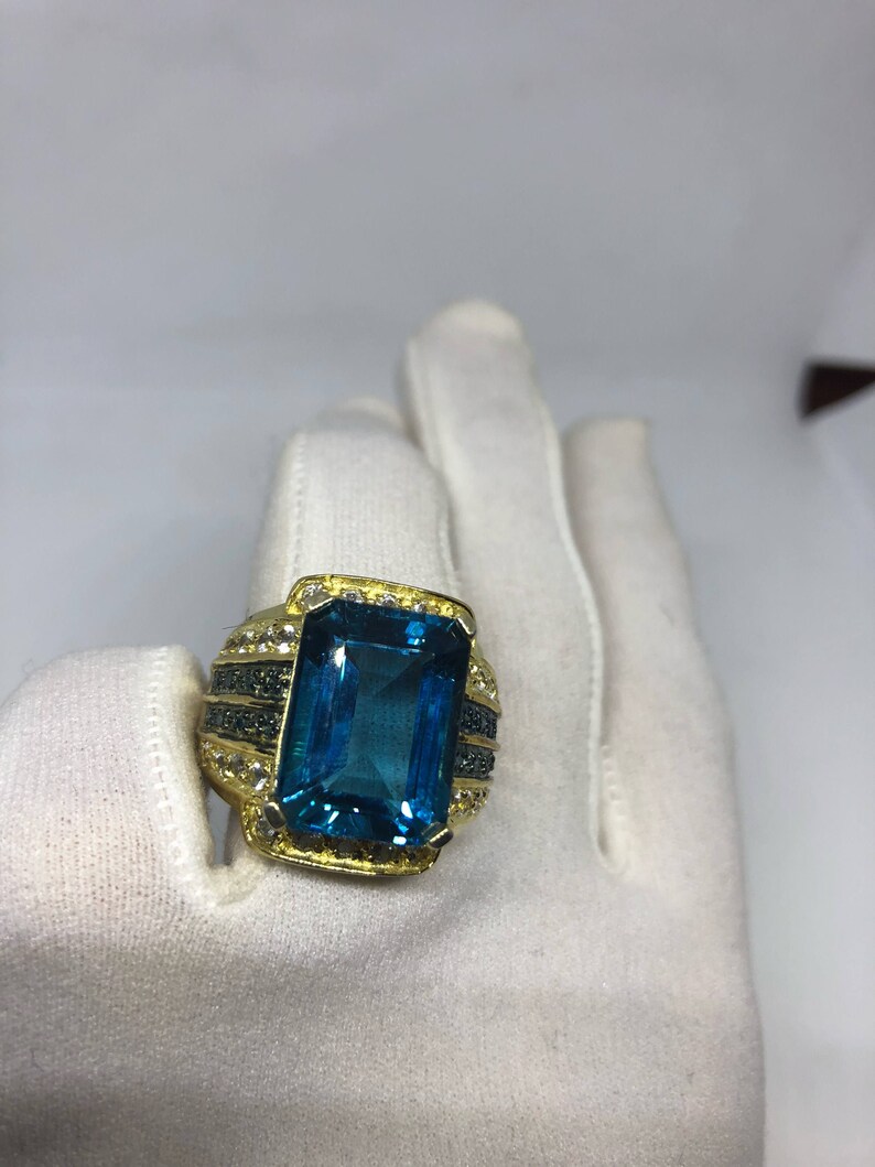 Vintage geniune London blue topaz White Sapphire Golden 925 sterling silver Ring