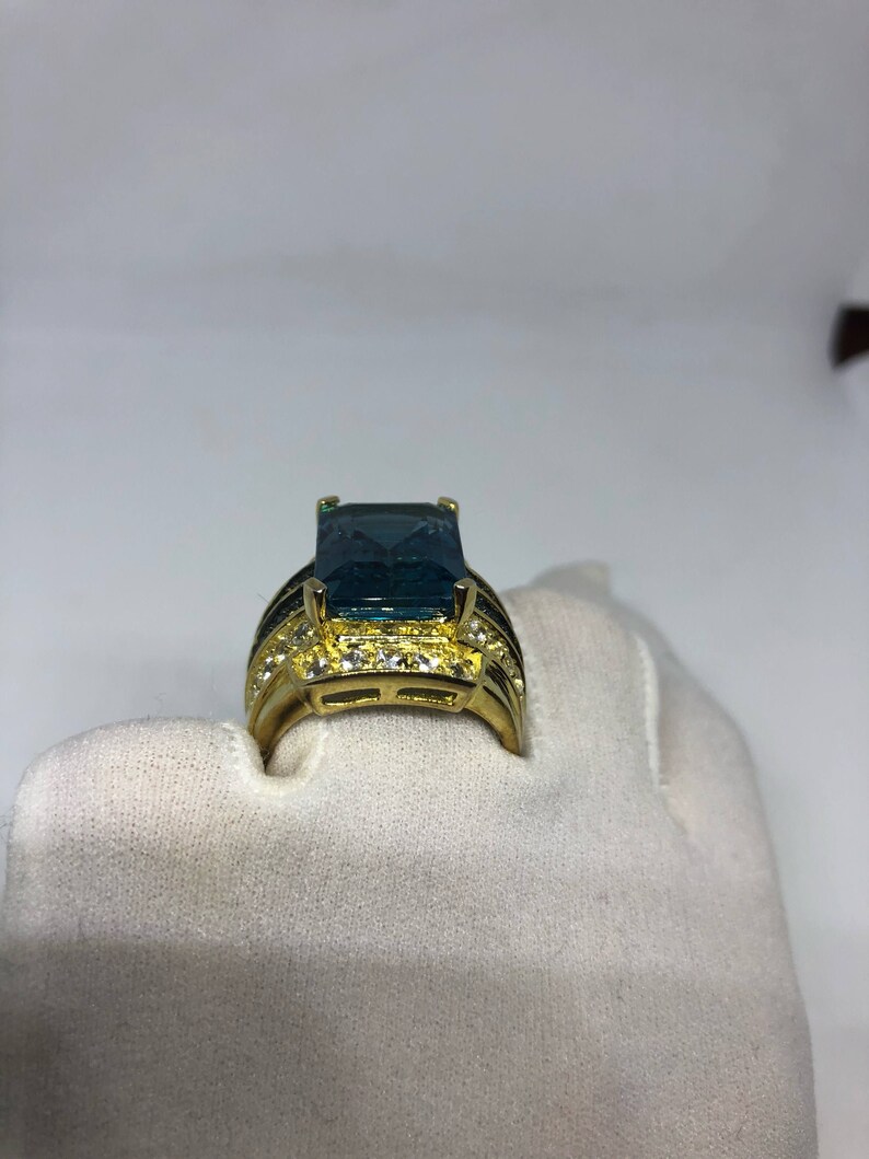 Vintage geniune London blue topaz White Sapphire Golden 925 sterling silver Ring