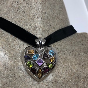 Vintage Handmade 925 Sterling Silver Genuine Gemstone Antique Heart Pendant Necklace