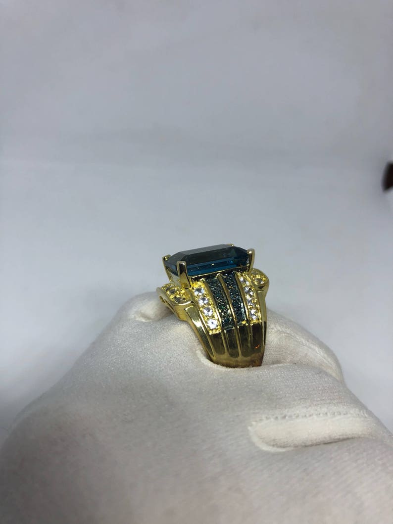 Vintage geniune London blue topaz White Sapphire Golden 925 sterling silver Ring