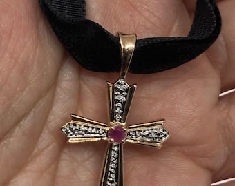 Vintage Handmade 925 Sterling Silver Ruby White Sapphire Cross Pendant Choker