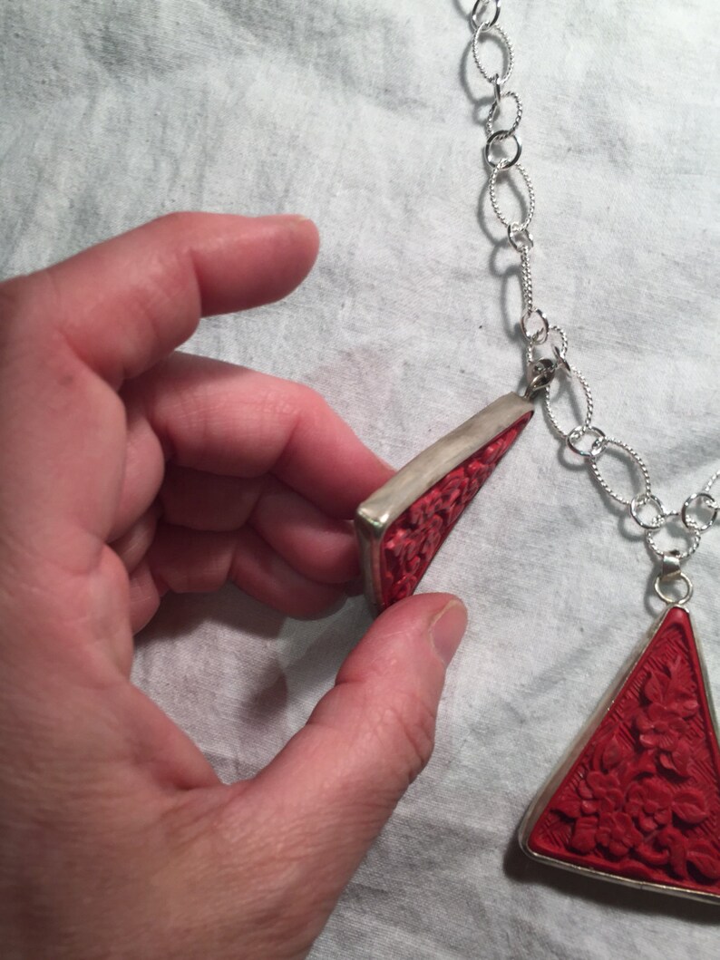 Vintage Handmade carved Cinnabar lacquer Silver Pendant